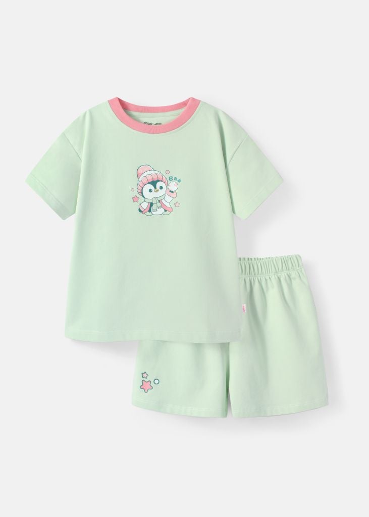 Bộ Thun Ngắn Tay Form Rộng Bé Gái Xanh Nhạt Chim Cánh Cục Xmas