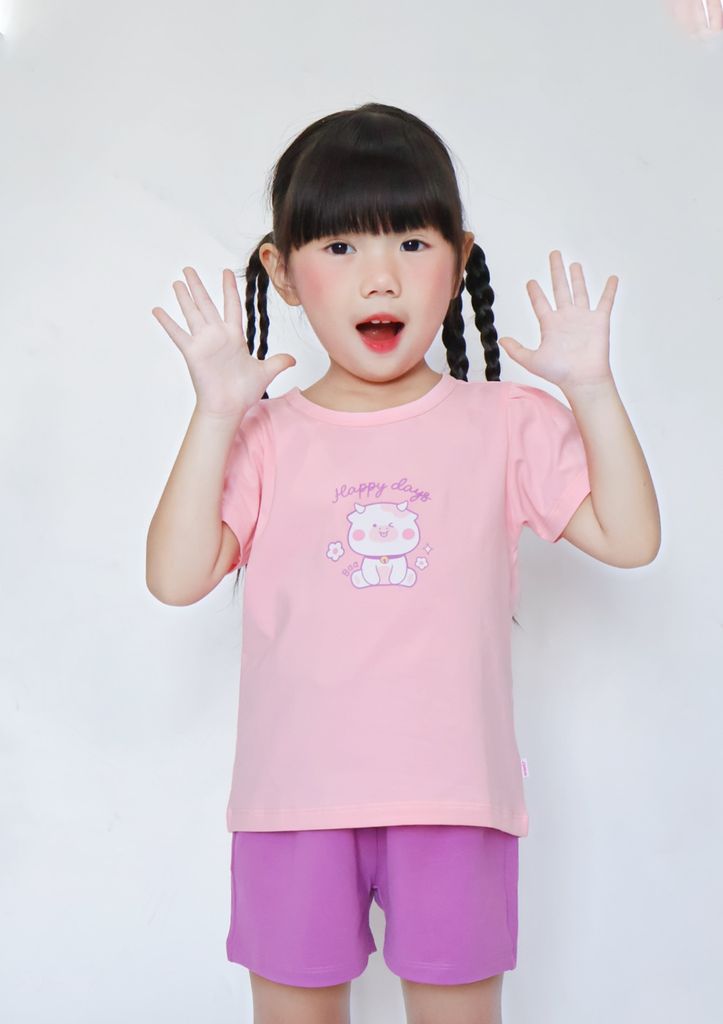 Bộ Thun Ngắn Tay Bé Gái Hồng Happy Days Phối Tím