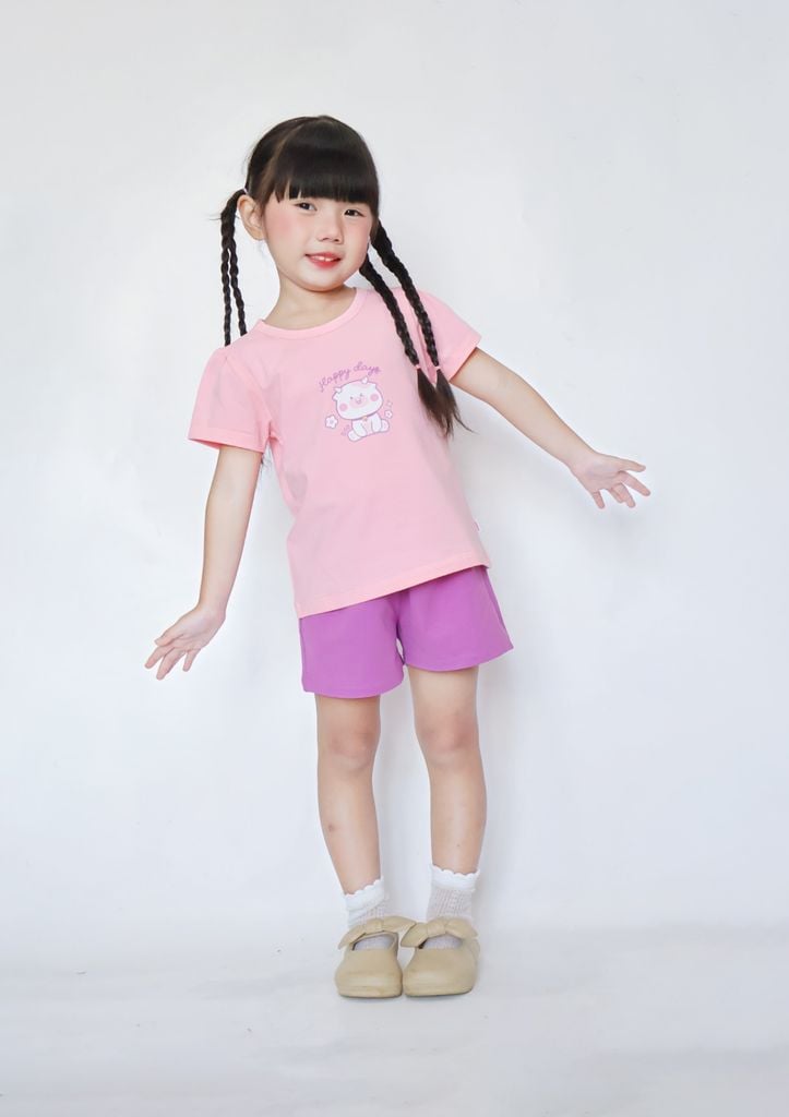 Bộ Thun Ngắn Tay Bé Gái Hồng Happy Days Phối Tím