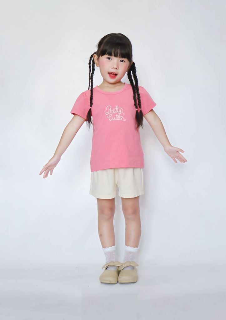 Bộ Thun Ngắn Tay Bé Gái Hồng Pretty Cute Phối Kem