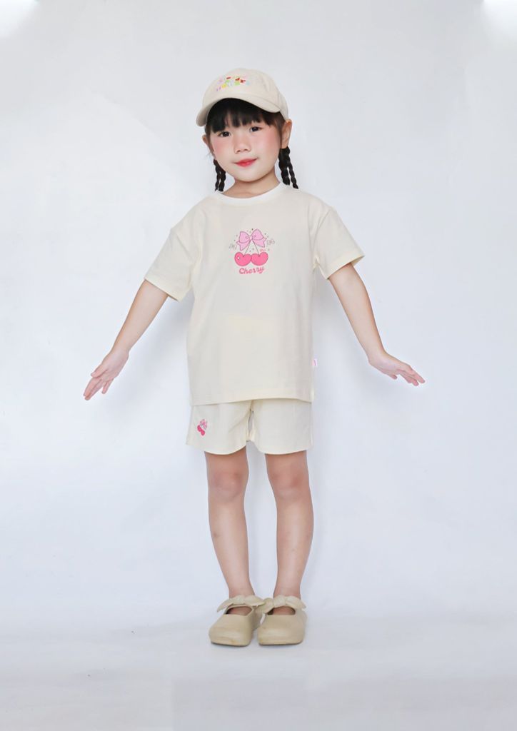 Bộ Thun Ngắn Tay Form Rộng Bé Gái Kem Sweet Cherry