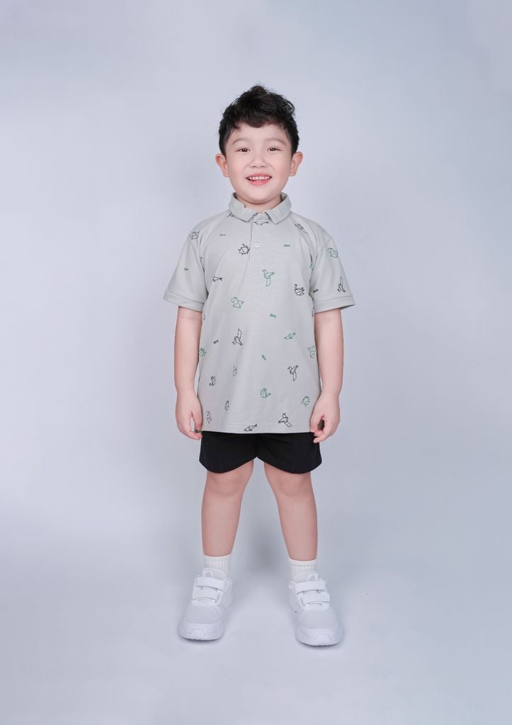 Áo Polo Ngắn Tay Bé Trai Xám Hoạ Tiết Origami