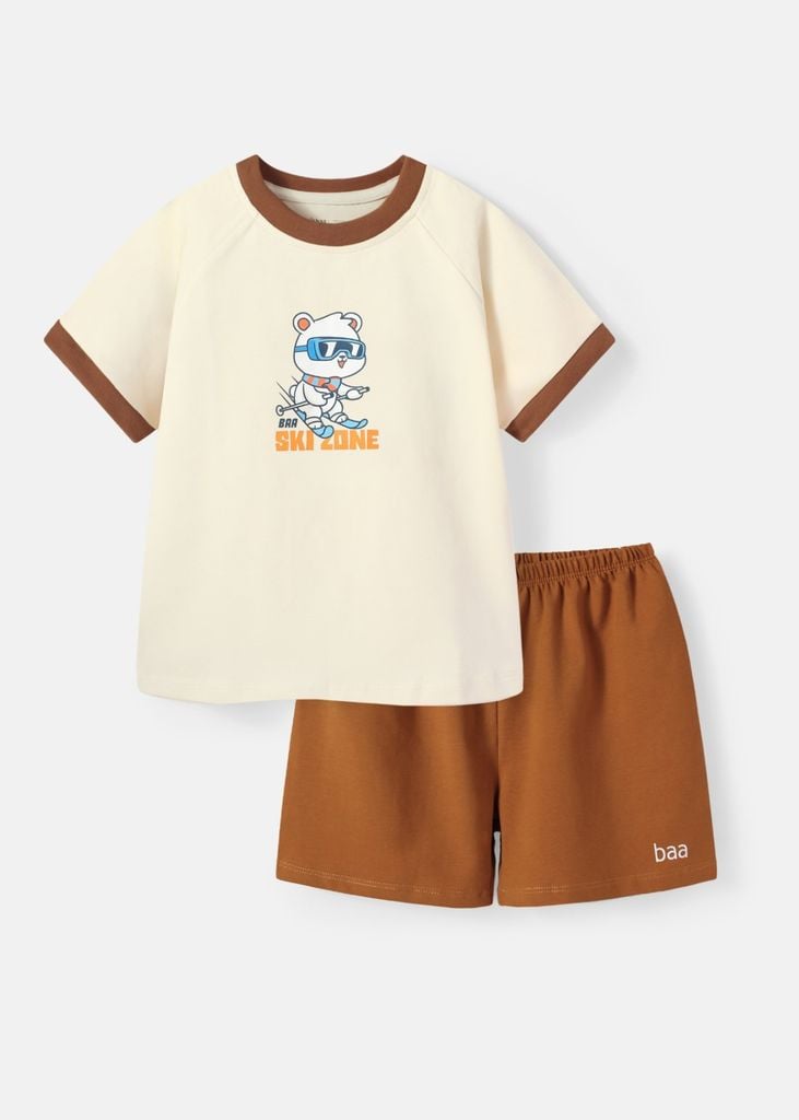 Bộ Thun Ngắn Tay Bé Trai Kem Gấu Trắng Phối Vàng Đất BC-DB04N-18