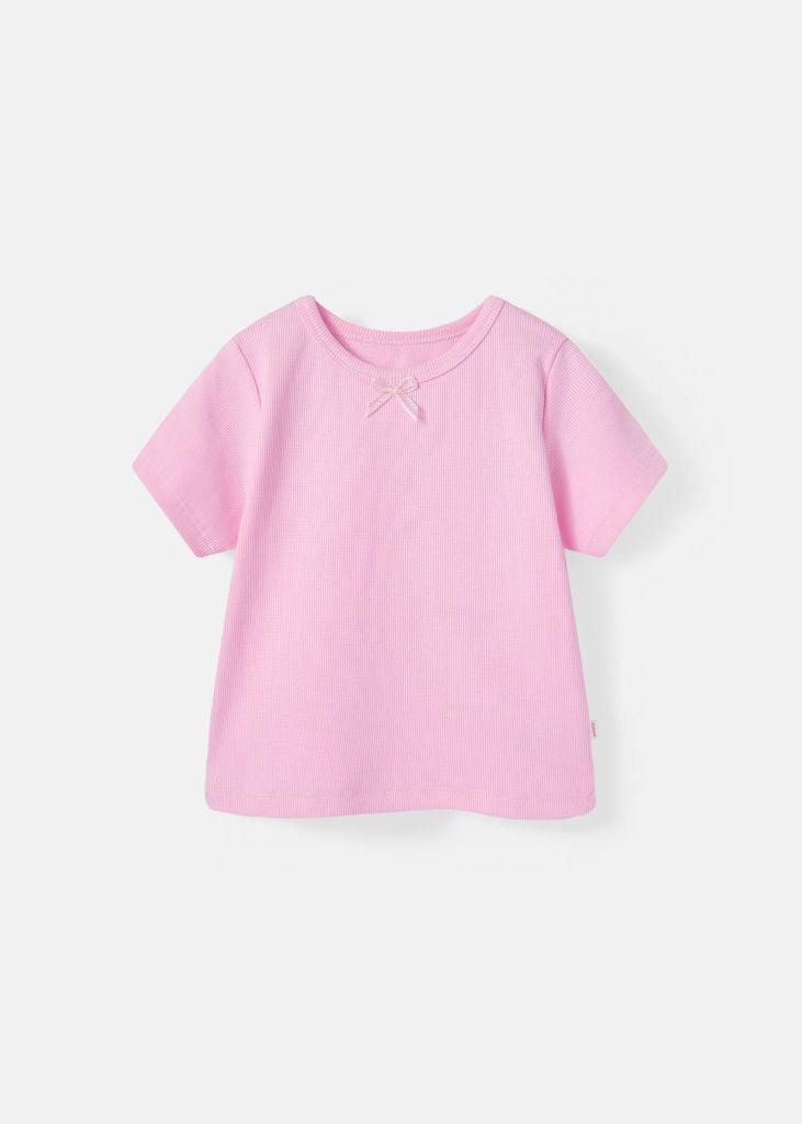 Áo Thun Gân Ngắn Tay Bé Gái Hồng Nhạt