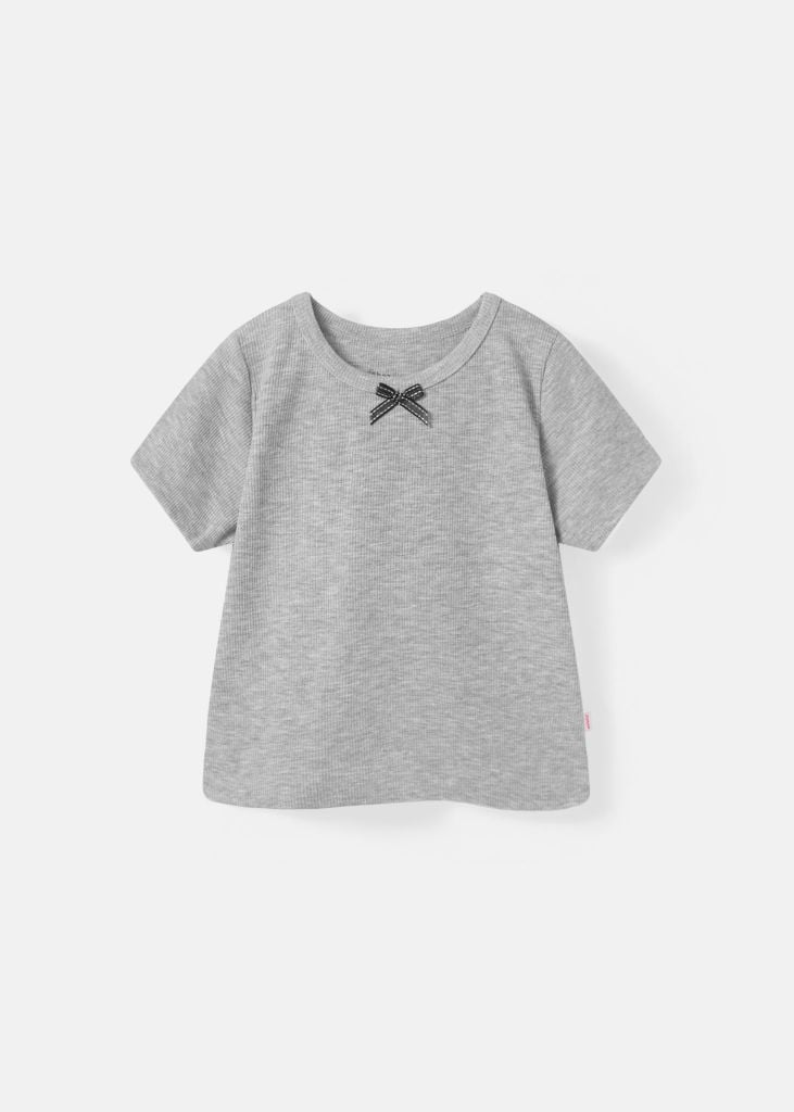 Áo Thun Gân Ngắn Tay Bé Gái Xám Melange