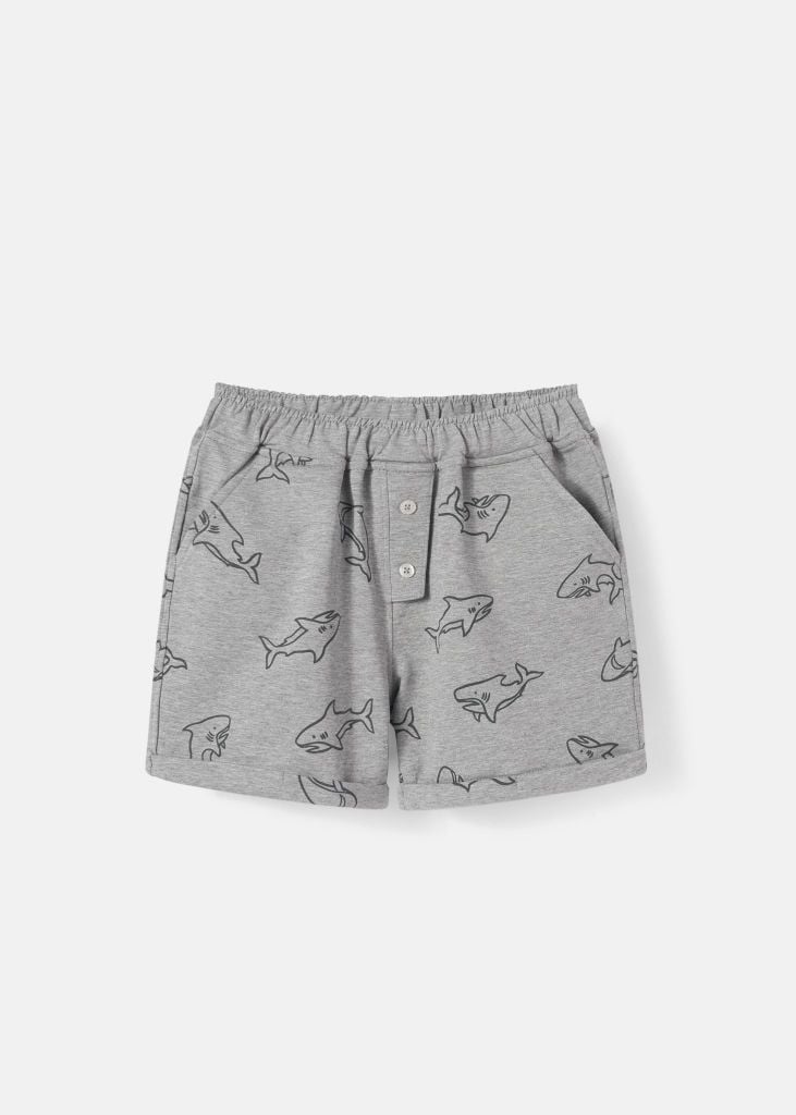 Quần Short Bé Trai Da Cá Xám Melange Hoạ Tiết Cá Mập