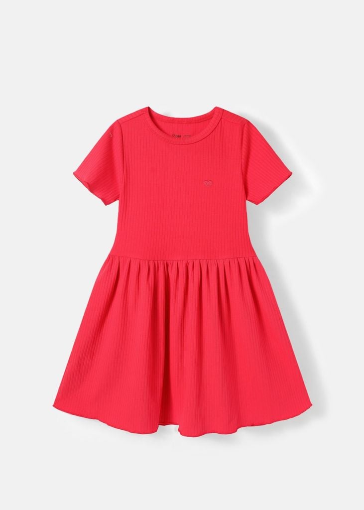 Đầm Bé Gái Thun Gân Đỏ Thêu Trái Tim