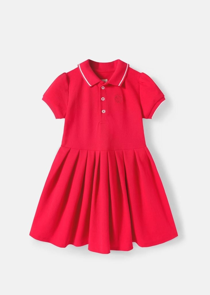 Đầm Polo Ngắn Tay Xếp Ly Bé Gái Đỏ Thêu Logo