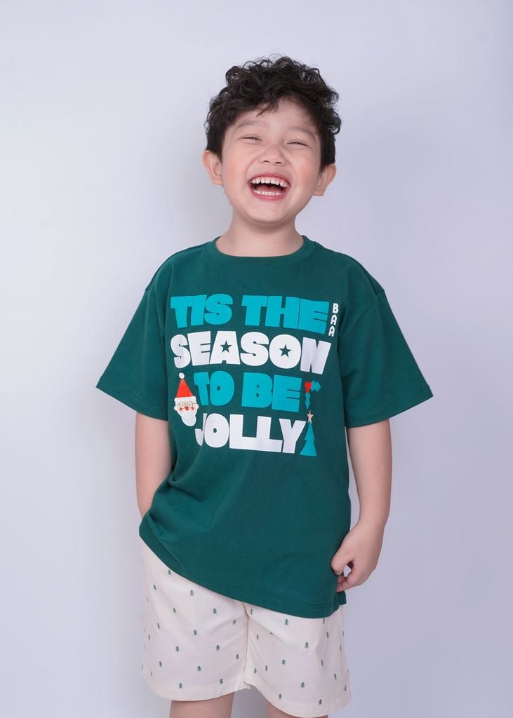 Áo Thun Form Rộng Bé Trai 230gsm Xanh Christmas