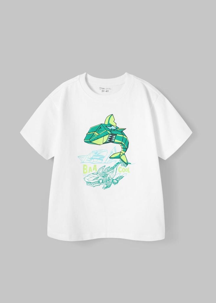 Áo Thun Form Rộng Bé Trai 230gsm Trắng Cá Mập