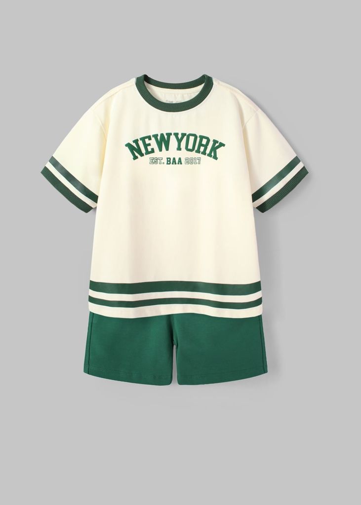 Set Thun Form Rộng Bé Trai Trắng Kem New York Phối Xanh