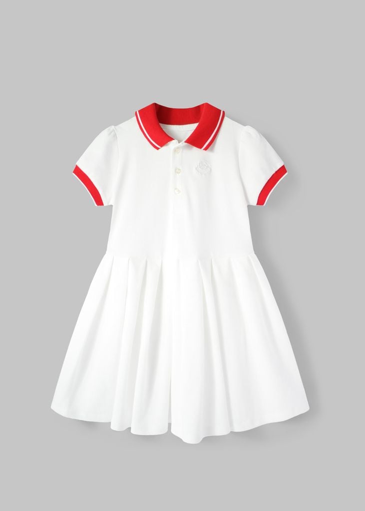 Đầm Polo Ngắn Tay Xếp Ly Bé Gái Trắng Phối Đỏ Thêu Logo