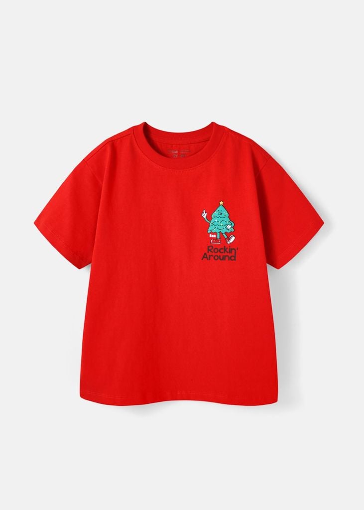Áo Thun Form Rộng Bé Trai 230gsm Đỏ Cây Thông