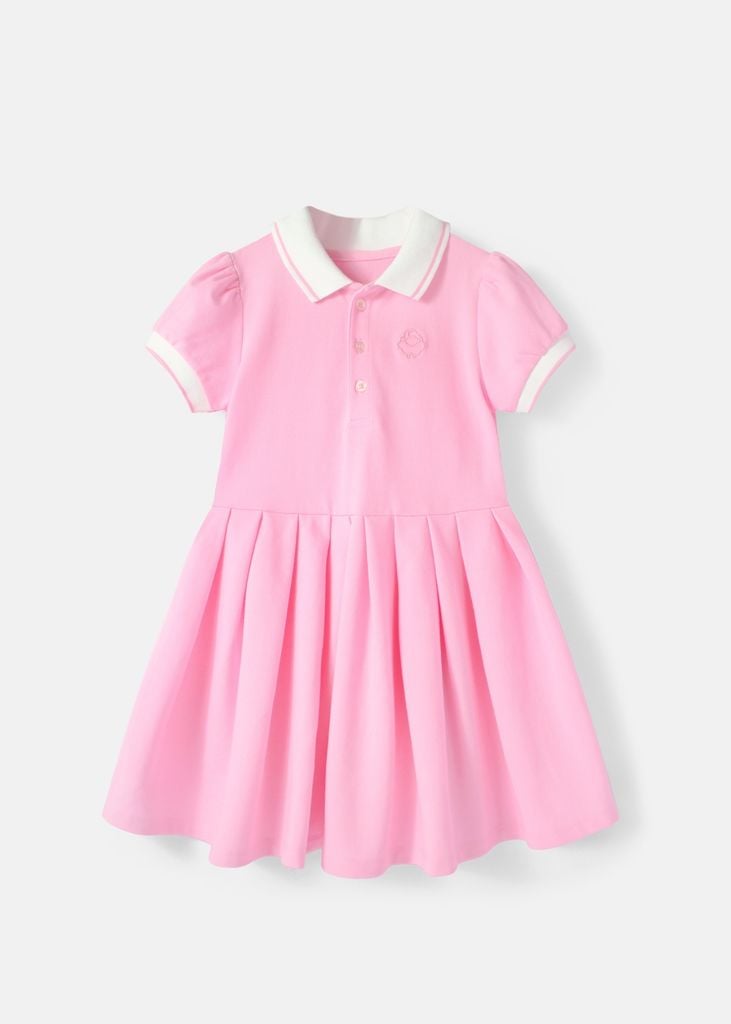 Đầm Polo Ngắn Tay Xếp Ly Bé Gái Hồng Phối Trắng Thêu Logo