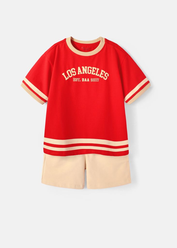 Set Thun Form Rộng Bé Trai Đỏ Los Angeles Phối Be