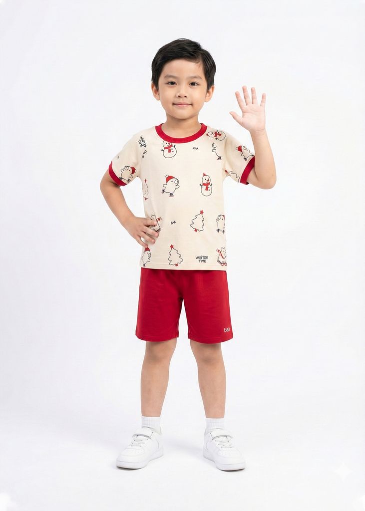 Bộ Thun Ngắn Tay Bé Trai Be Hoạ Tiết Capybara Phối Đỏ Burgundy