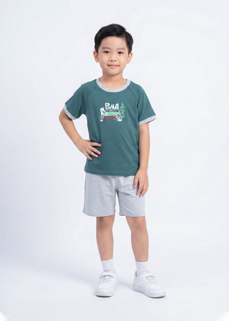 Bộ Thun Ngắn Tay Bé Trai Xanh Gấu Giáng Sinh Phối Xám