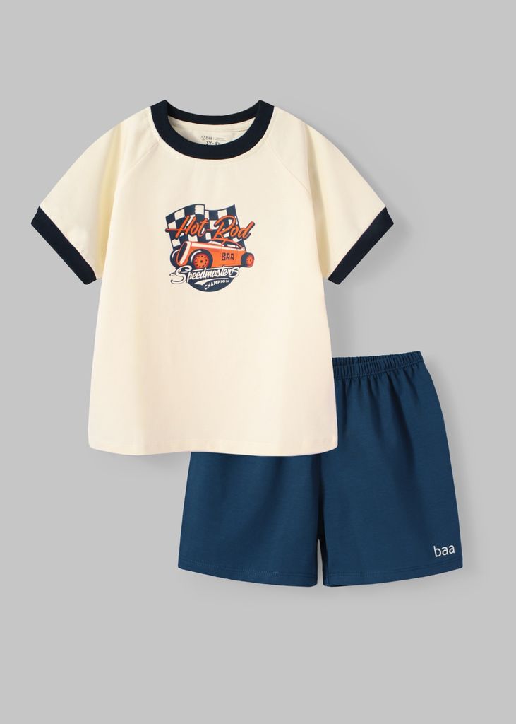 Bộ Thun Ngắn Tay Bé Trai Kem Xe Đua Phối Navy
