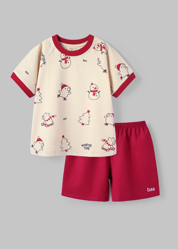 Bộ Thun Ngắn Tay Bé Trai Be Hoạ Tiết Capybara Phối Đỏ Burgundy