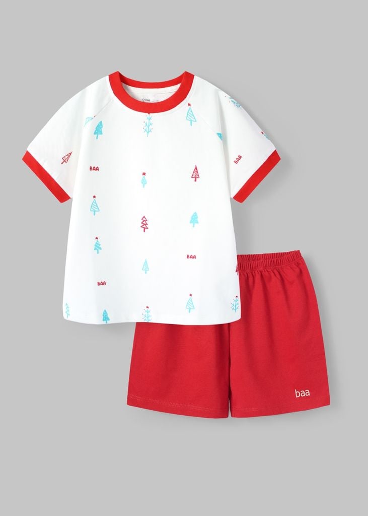 Bộ Thun Ngắn Tay Bé Trai Trắng Hoạ Tiết Cây Thông Phối Đỏ