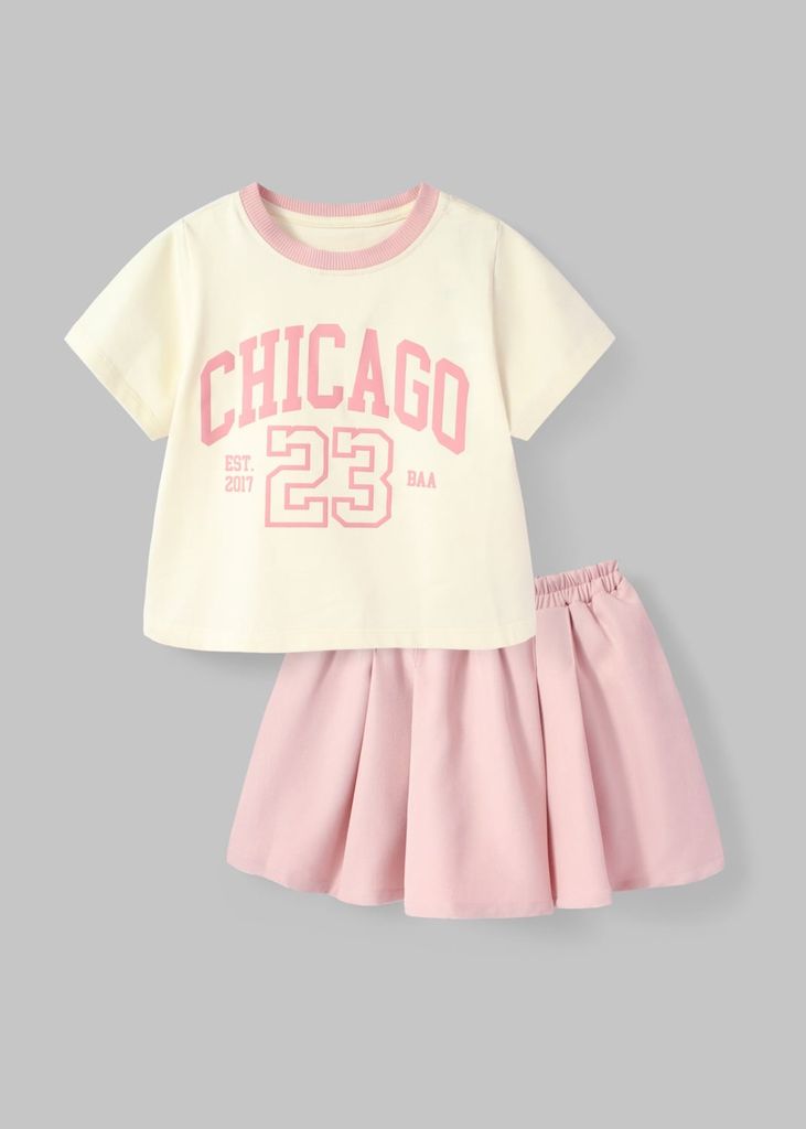Set Thun Ngắn Tay & Chân Váy Xếp Ly Bé Gái Kem Phối Hồng Chicago