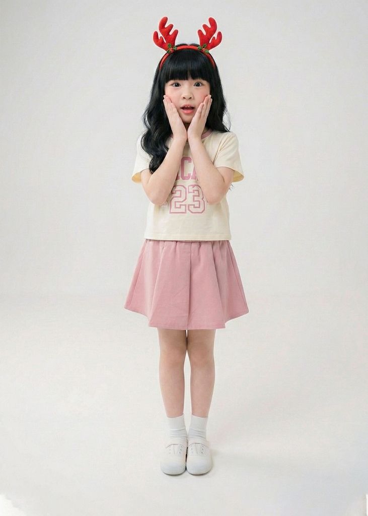 Set Thun Ngắn Tay & Chân Váy Xếp Ly Bé Gái Kem Phối Hồng Chicago