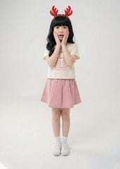 Set Thun Ngắn Tay & Chân Váy Xếp Ly Bé Gái Kem Phối Hồng Chicago