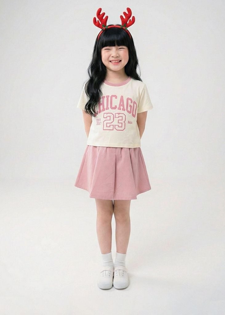 Set Thun Ngắn Tay & Chân Váy Xếp Ly Bé Gái Kem Phối Hồng Chicago