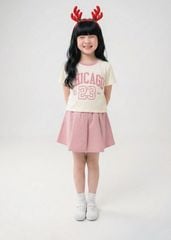 Set Thun Ngắn Tay & Chân Váy Xếp Ly Bé Gái Kem Phối Hồng Chicago