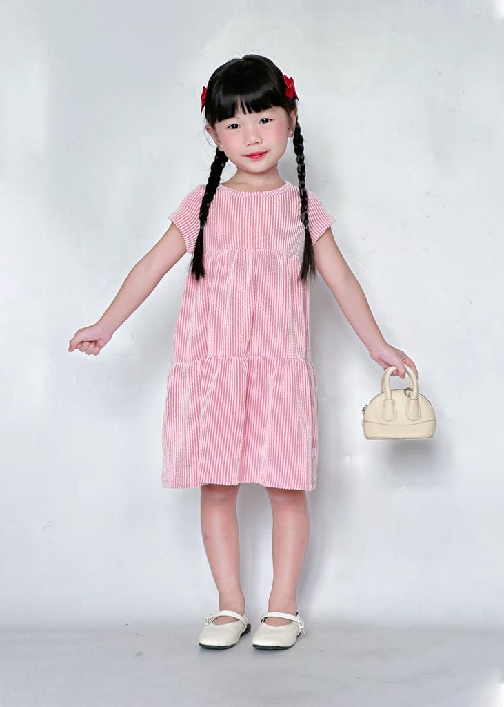 Đầm Thun Kiểu Hai Tầng Ngắn Tay Bé Gái Hồng