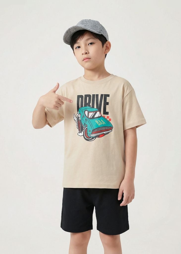 Áo Thun Form Rộng Bé Trai 230gsm Be Xe Đua