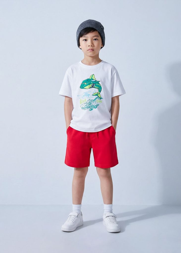 Áo Thun Form Rộng Bé Trai 230gsm Trắng Cá Mập