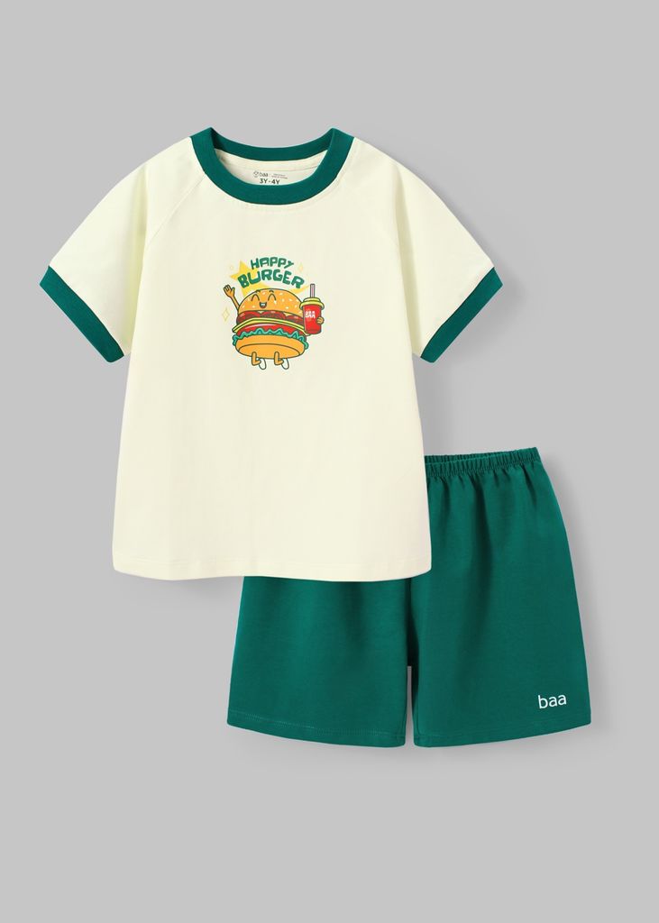 Bộ Thun Ngắn Tay Bé Trai Kem Burger Phối Xanh Lá