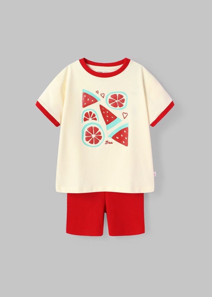 Set Thun Form Rộng Phối Quần Biker Bé Gái Kem Dưa Hấu Phối Đỏ