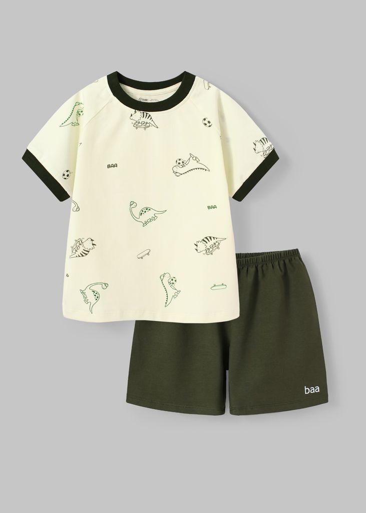 Bộ Thun Ngắn Tay Bé Trai Kem Hoạ Tiết Khủng Long Phối Xanh Lá