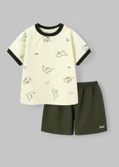 Bộ Thun Ngắn Tay Bé Trai Kem Hoạ Tiết Khủng Long Phối Xanh Lá