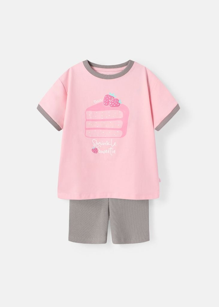 Set Thun Form Rộng Phối Quần Biker Bé Gái Hồng Sweetie Cake Phối Xám