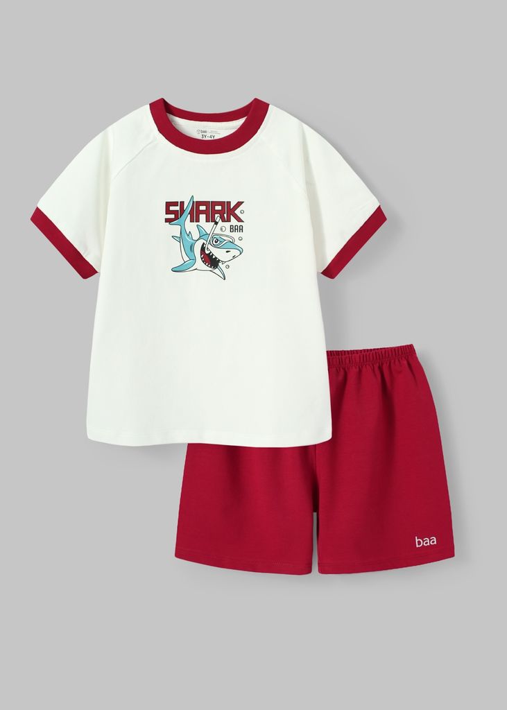 Bộ Thun Ngắn Tay Bé Trai Trắng Cá Mập Phối Đỏ Bungurdy
