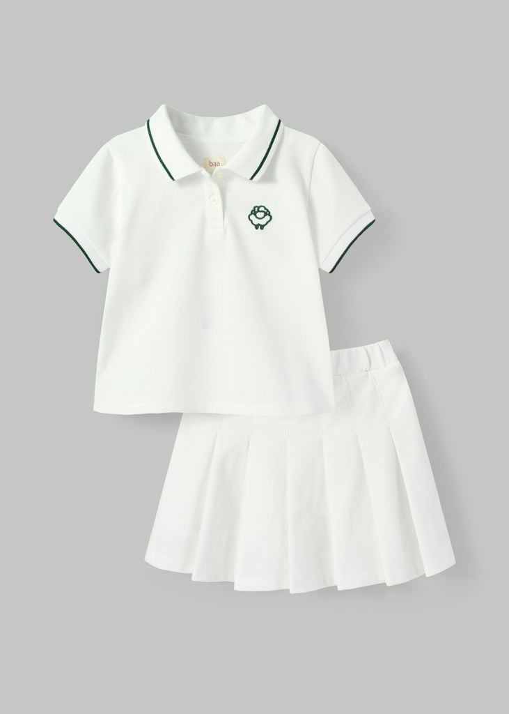 Set Polo Ngắn Tay & Chân Váy Xếp Ly Bé Gái Trắng Viền Xanh