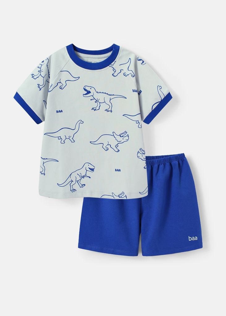 Bộ Thun Ngắn Tay Bé Trai Xám Hoạ Tiết Khủng Long Phối Xanh