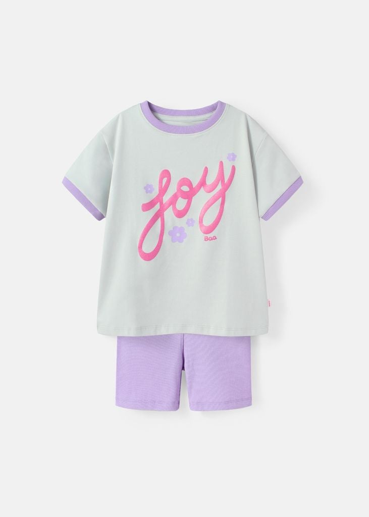 Set Thun Form Rộng Phối Quần Biker Bé Gái Xám Joy Phối Tím