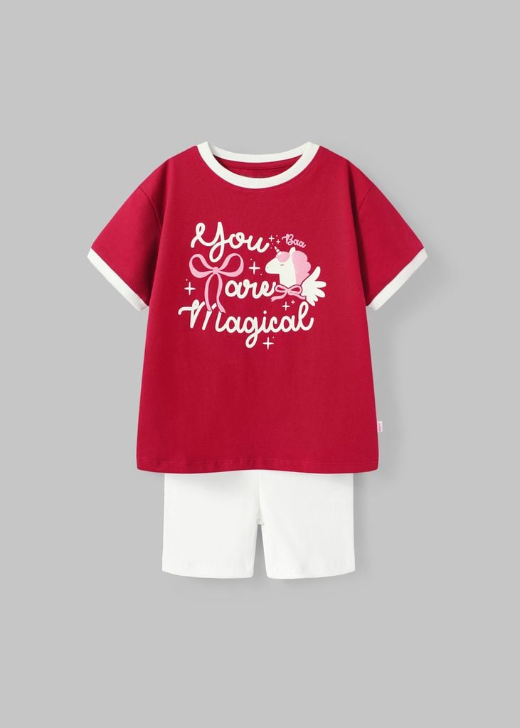 Set Thun Form Rộng Phối Quần Biker Bé Gái Đỏ Unicorn Phối Kem