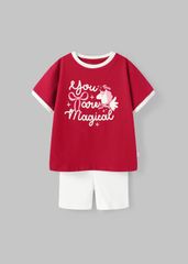 Set Thun Form Rộng Phối Quần Biker Bé Gái Đỏ Unicorn Phối Kem