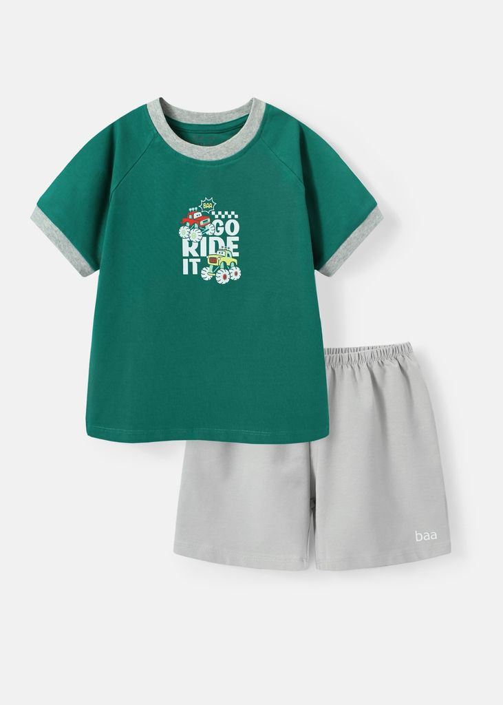 Bộ Thun Ngắn Tay Bé Trai Xanh Lá Happy Holidays Phối Xám
