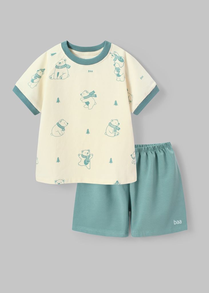 Bộ Thun Ngắn Tay Bé Trai Kem Hoạ Tiết Winter Bear Phối Xanh