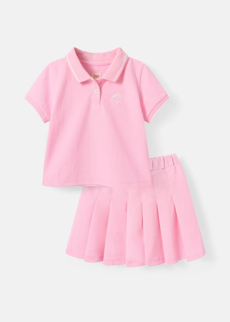 Set Polo Ngắn Tay & Chân Váy Xếp Ly Bé Gái Hồng Viền Trắng