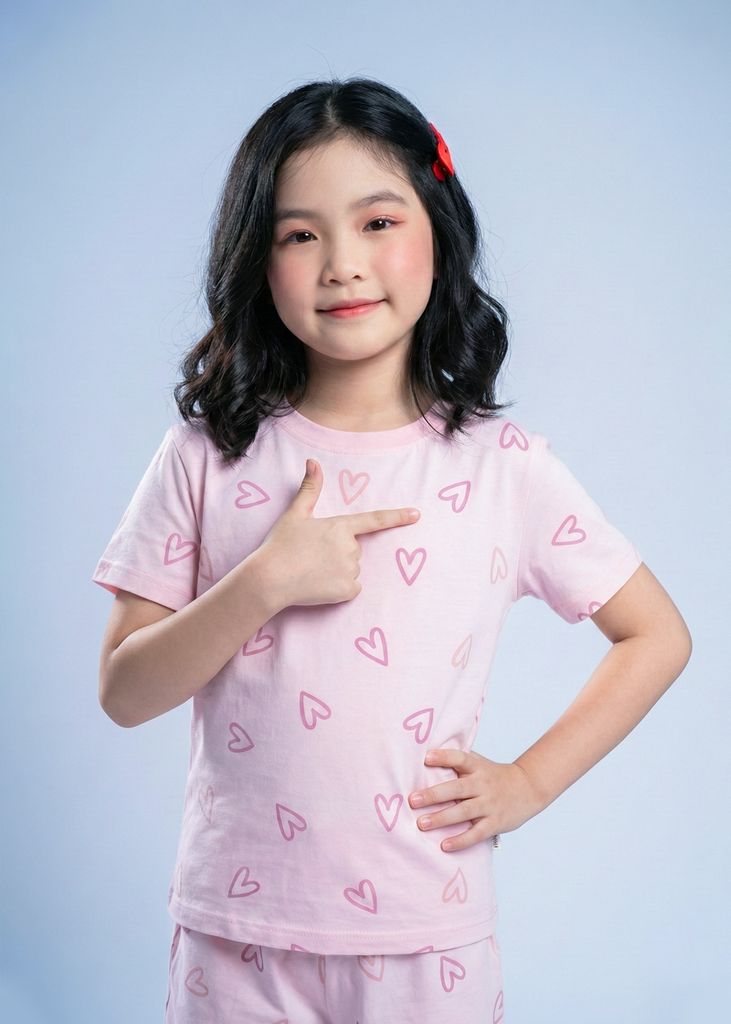 Bộ Thun Ngắn Tay Form Rộng Bé Gái Hồng Nhạt Hoạ Tiết Trái Tim