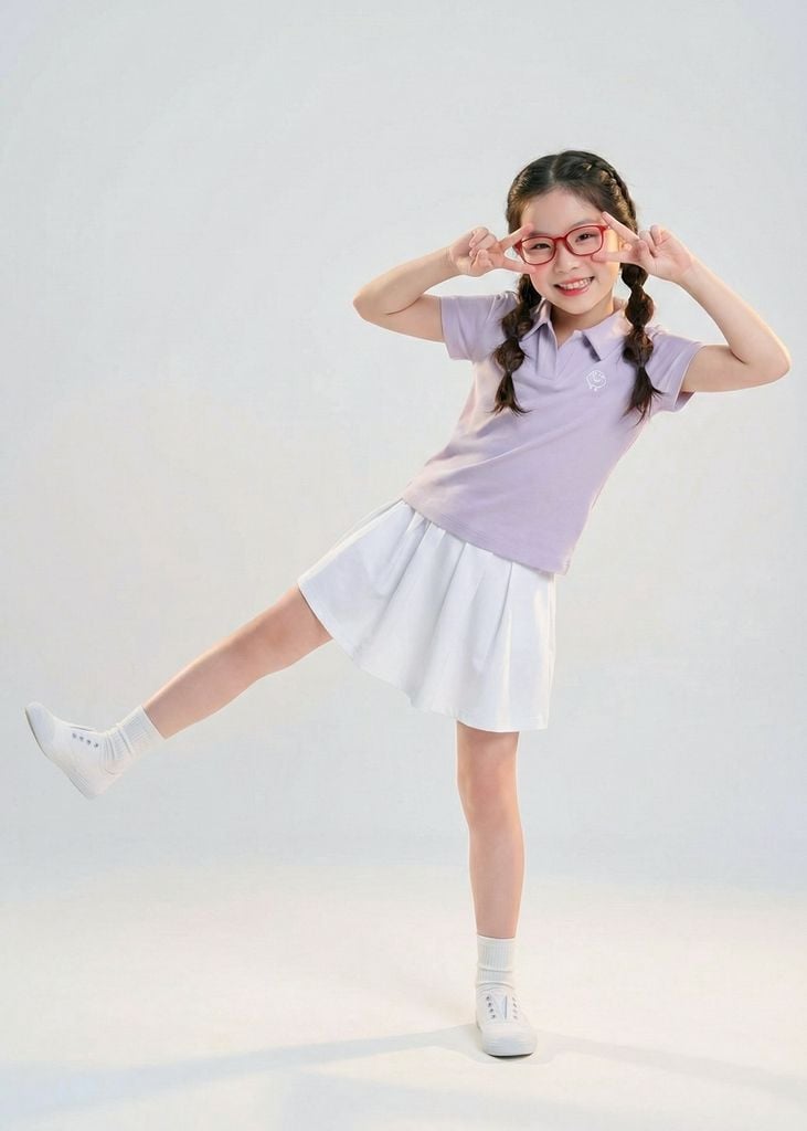 Set Polo Ngắn Tay & Chân Váy Bé Gái Siêu Nhẹ Ultra Light Tím Phối Trắng Kem