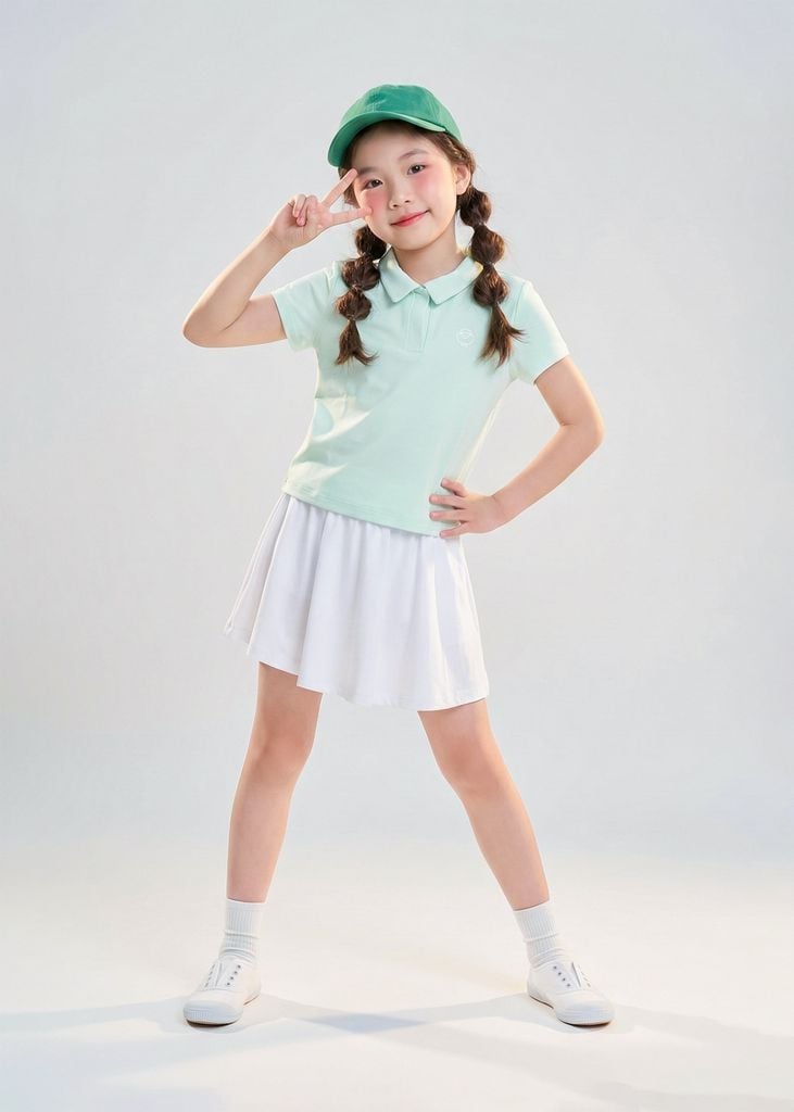 Set Polo Ngắn Tay & Chân Váy Bé Gái Siêu Nhẹ Ultra Light Xanh Phối Trắng Kem
