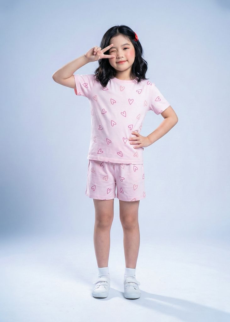 Bộ Thun Ngắn Tay Form Rộng Bé Gái Hồng Nhạt Hoạ Tiết Trái Tim